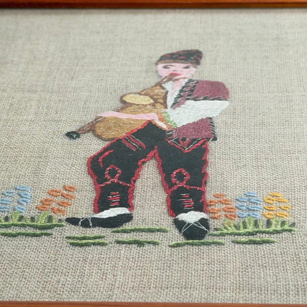 Vintage Mid-Century Petit Needlepoint Bagpiper Framed Tapestry‎ 9x11 Folk Art